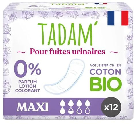TADAM' - Serviettes Maxi - Protections Urinaires Pour Femmes Hypoallergéniques - Protections Fuites Urinaires Femme et Incontinence - Coton Bio - Sans Substances Toxiques - Sachet de 12