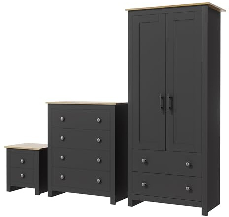 Nera 3 Piece Bedroom Furniture Set Wardrobe with Drawer Chest of Drawers and Bedside Cabinet Bedroom Storage (Grey on Oak)