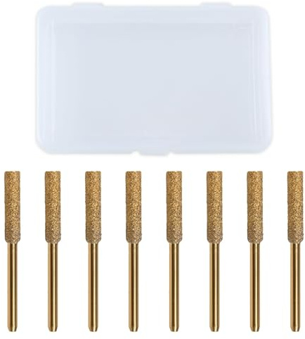 LEONTOOL 8 Pcs High Hardness Diamond Chainsaw Sharpener Bit 5/32 4mm Titanium Plated Burr Stone File Polishing Tool with 1/8 Shank Burr Grinding Stone File for Chain Saw Wood Jewelry Stone, Golden