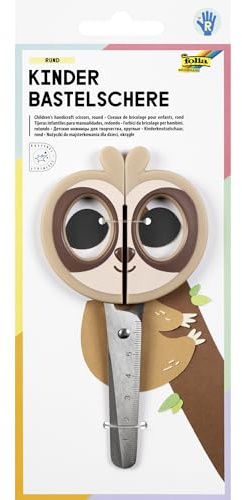 folia 773 - Forbici Artigianali per Bambini Sloth, Circa 16 cm, Forbici per Bambini con Motivo a Bradipo e Righello in Rilievo, in Acciaio Inox con Angoli arrotondati, per destrimani