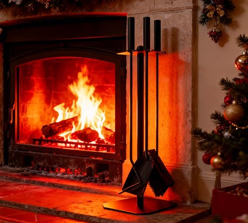 Juego de accesorios para chimenea Kingson – Juego de 3 piezas con cepillo, atizador y pala – Acero recubierto de polvo negro con detalle decorativo de bola – 57,5 cm