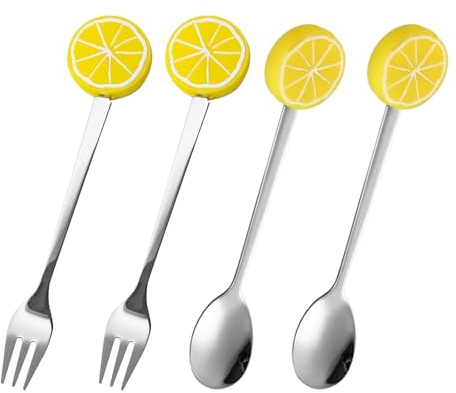 4 st fruktformade gafflar och skedar i rostfritt stål för att äta desserter frukter förrätt, kreativ middag gaffel och sked jordgubbsservis frukt julfest dekorationer (citron)