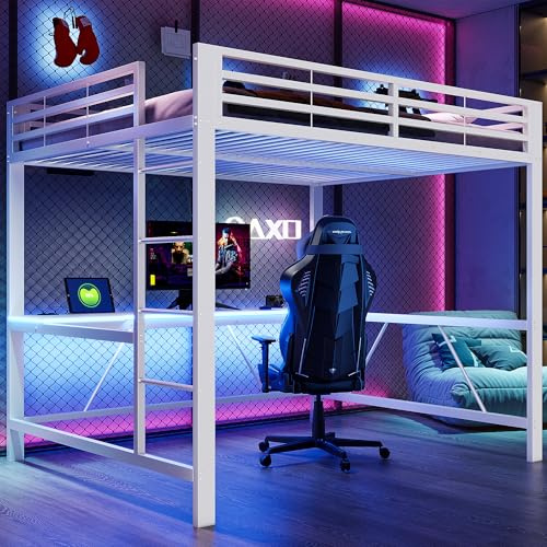 YuQozii Cama alta de metal para videojuegos con iluminación LED, estación de carga USB y escritorio, cama juvenil, cunas (blanco, 160 x 200 cm)