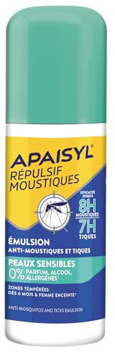 Apaisyl, Répulsif Moustiques, Emulsion Peaux Sensibles, Efficacité 8H sur les moustiques et 12h sur les tiques, Sans parfum, alcool, allergène, dès 6mois, 90ml