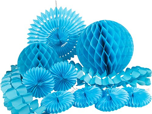 HEKU 30008-03: Party-Deko-Set mit Wabenbällen, Dekofächern und einer Girlande aus Papier, 10-teilig, türkis