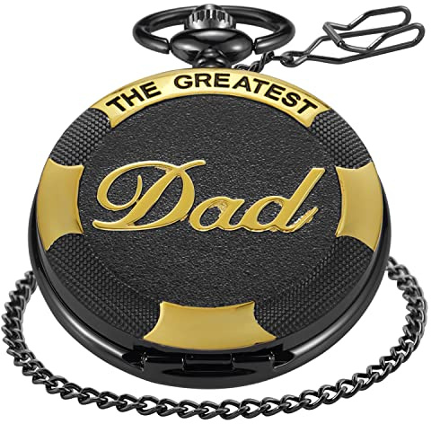 Realpoo Carving Quartz Pocket Watch Dad Quartz Pocket Watch with Belt Clip Chain -Black