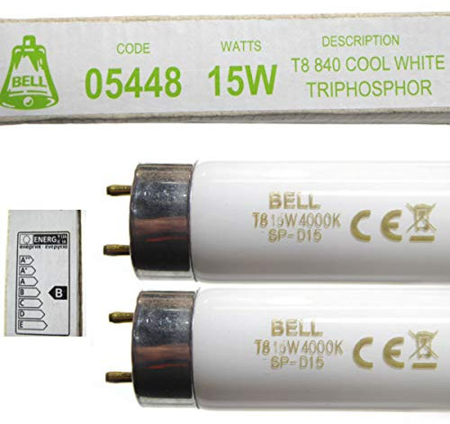 Bell Lighting Confezione da 2 tubi fluorescenti da 15 W, T8, 450 mm, 45,7 cm, bianco freddo, 4000 K, 05448
