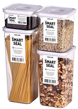 Neoflam® Vorratsdosen mit Deckel luftdicht & Einhanddrehverschluss | Vorratsdosen - BPA frei | Aufbewahrungsbox Küche | Vorratsboxen mit Deckel | weiß - je 1x 0.55L, 1.35L, 2.1L, 2.7L