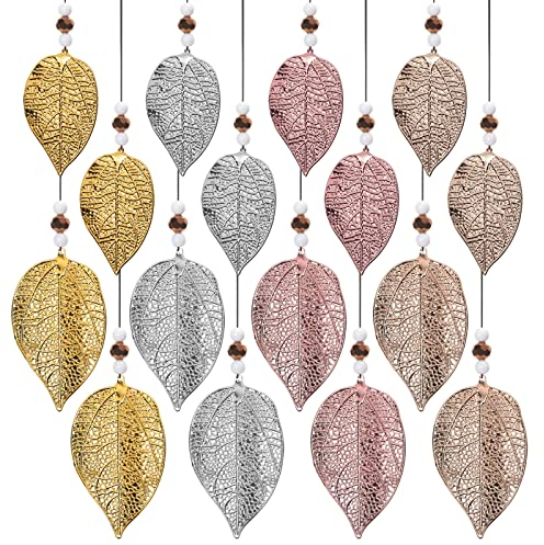 Towviy 16 Stück Fensterdeko Blatt Anhänger Deko Metall Blatt Dekohänger frühlingsdeko herbstdeko Blätter Champagner Gold Silber Golden Kupfer mit Perle+Linie Fensterdeko Hängend für Zimmer(2 Groß)