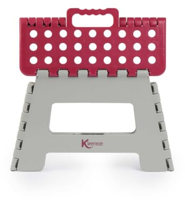 Kleeneze Folding Step Stool, 150 Kg Max Load, Pink And Grey | Fold-Flat Space-Saving Storage, Built-In Carry Handle, Lightweight Portable Design, Strong Sturdy Construction