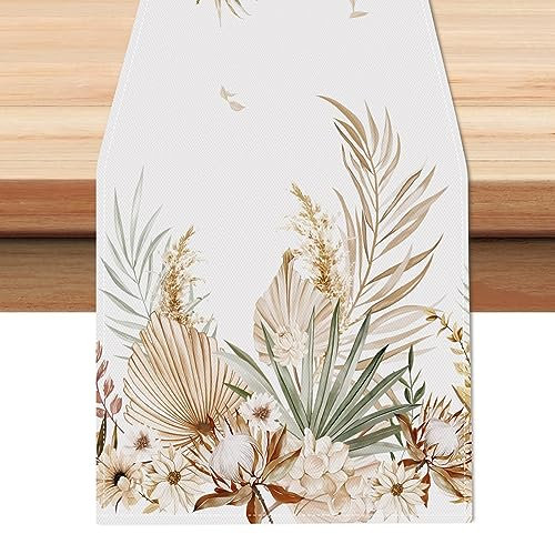 Bonhause Tischläufer Boho Tropische Blätter Tischläufer Blume Gelbes Küche Esstisch Dekoration für Drinnen Draußen Urlaub Party Waschbar Wohnkultur Tafeltuch (33 x 183 cm)
