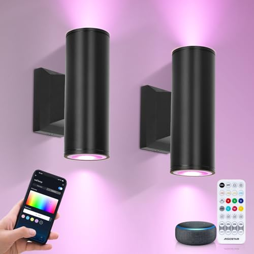 Aigostar Mesh - Alexa LED Applique da parete per esterni Bluetooth Mesh, GU10 Intelligent Up Down Apparecchio da esterno IP65, Nero Illuminazione da parete per Alexa, 2 unità (con telecomando)