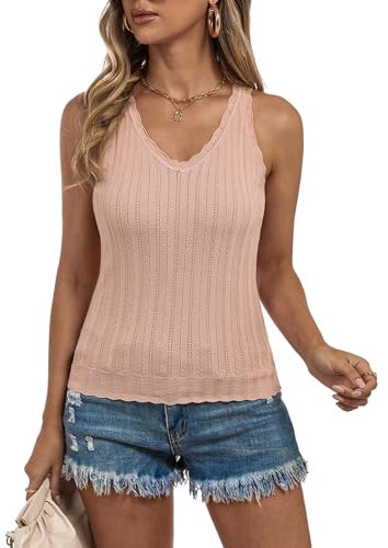 Gyabnw Maglietta Canotta da Donna Elegante T-Shirt Senza Maniche Lavorata Canottiera a Maglia con Scollo a V Camicetta Tank Top Moda Casual in Tinta Unita Rosa,L