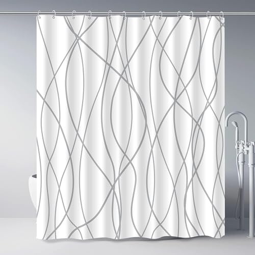 IGINOA Duschdraperi 180 x 200 Med Öljetter Antimögel Grå Randigt Tyg Vit Mögelresistent Textil Badkar Gardin Överlängd Vattentät Motiv Ogenomskinlig