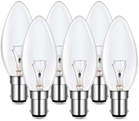 Caldarax SBC B15 Small Bayonet Clear Candle Bulbs, C35 Candle Light Bulb, Dimmable Warm White 2700K, 600 Lumen, AC 230V, Small Bayonet Light Bulb, for Chandeliers, Desk Lamp, Ceiling Fixture, 6 Pack