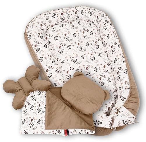 PaLulli Premium 5 teilig Babynestchen Set Babynest 95 x 55 herausnehmbare Einlage Kuschelnest Krabbeldecke Einsatz Bett Babys Neugeborene 100% Baumwolle & Samtstoff Öko Tex (Beige Pflanzen)