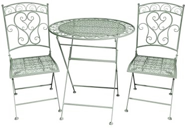 Garden Gear Wrought Iron Folding Scroll Design 2 Seater Bistro Outdoor Patio Balcony Set Table Pre-Assembled Furniture (Sage Green)