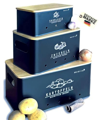 Novatta Kartoffel Aufbewahrungsbox 3er Set – Vorratsdosen für Kartoffeln, Zwiebeln & Knoblauch – handgezeichnet, Küche Zubehör & Küche Deko – hält Gemüse länger frisch, für jede Küche (Schwarz).