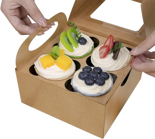 BAKIPACK 25 Kraft Cupcake Boxes, 4 Count Cupcake Containers, Muffin Boxes