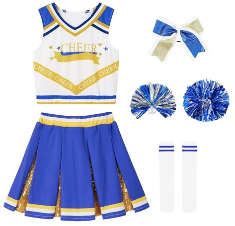 LOLANTA Deguisement Pompom Girl Fille Bleu, Tenue Pompom Girl Enfants avec Pompons Chaussettes, Costum Carnaval Fille(Bleu,12-13 ans,Tag Size 160)