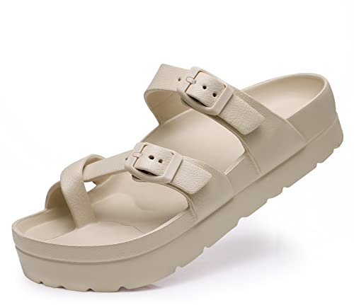 Beslip Women's Platform Sandals with Arch Support Comfortable Foam Slides Lightweight Thick Soles, Adjustable Buckle, Ultra Cushion,Beige Women Size 6-6.5