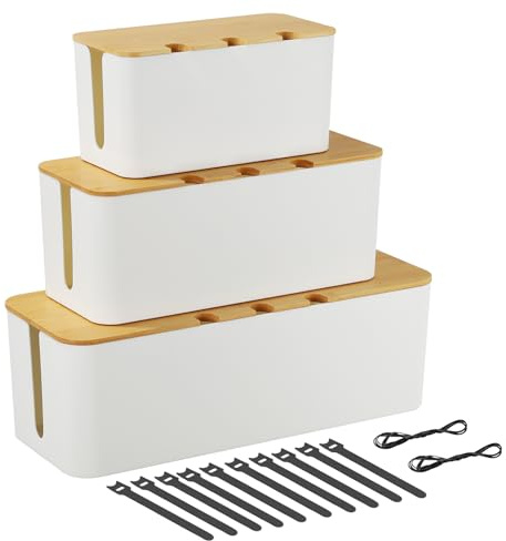 CRROEL Cable Tidy Box, Set of 3 cable management box for Cable and Cord Management, Cable organisers with Bamboo Lid for Hiding Messy Cables Wire Management - white