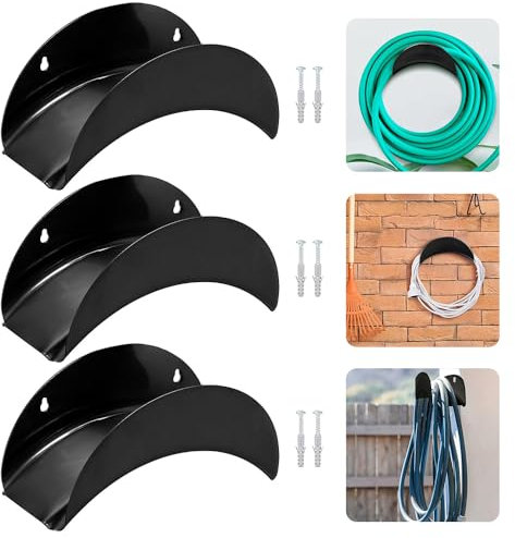 Lot de 3 supports muraux pour tuyau d'arrosage, 28 x 13 x 13 cm, crochet de suspension en métal, avec 6 vis et 6 boulons d'expansion, pour suspension de tuyau (noir)