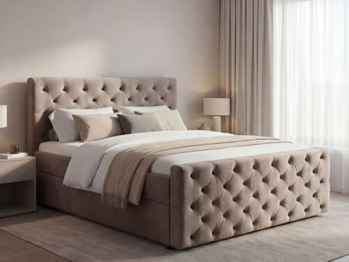 GRAINGOLD Montego Lit 180x200, Boxspring avec Coffre de Rangement, Rembourré avec Matelas à Ressorts Bonell, Lit Double, Tissu en Velours, avec Surmatelas, avec Tête de Lit (Marron, 180x200)