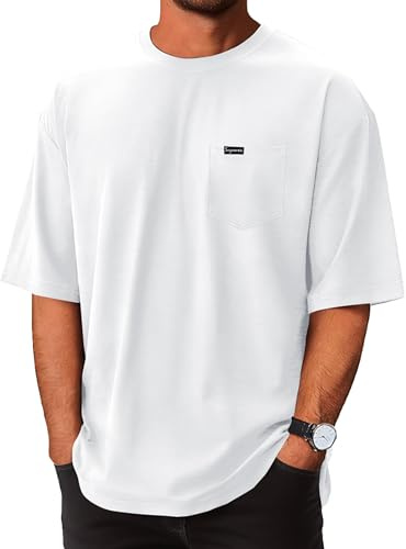 YawYews Mens Athletic Oversized Tshirts Lightweight Moisture Wicking Quick Dry Workout Tee with Pocket White