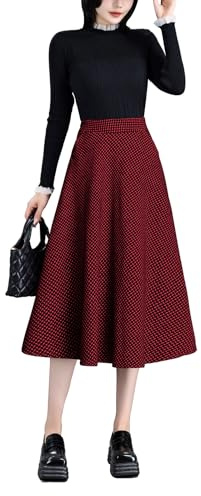 BiilyLi Gonna Lunga Invernale Donna Vintage Vita Alta Scozzese Gonne Elegante A-Linea Autunno Midi Skirt con Tasca Vino Rosso -M(Vita Elastica: 73 cm)