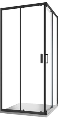 Cabine de douche d'angle 2 portes coulissantes en verre trempé 6 mm profilés carrés noir mat hauteur 185 cm – Tonga (verre transparent, 90 x 90)