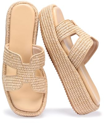 Monrovia Raffia Platform Sandals for Women Slip-On Espadrille Wedges Slides, Flatform Woven Straw Summer Vacation Beach Shoes Natural Tan Size 8