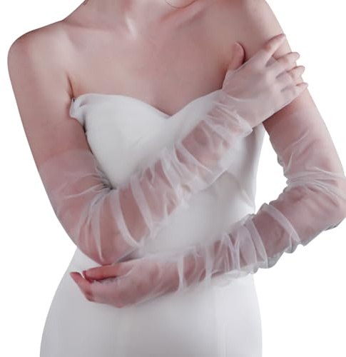 FSSTUD 2 Pairs White Long Tulle Gloves Ruched Fingerless Gloves Elbow Length Sheer Glove Wedding Bride Arm Sleeves for Women