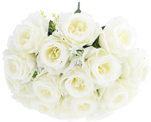 MALUGOGO Ramo de rosas artificiales de 18 cabezas, flores de imitación marfil para cementerio, arreglo floral conmemorativo para decoración de tumbas y homenaje funerario