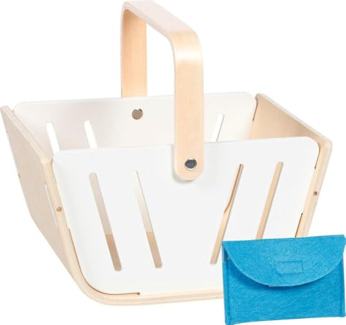 goki 51428 – shoppingkorg, minishoppingkorg, bärkorg av trä med fällbart bärhandtag och plånbok av filt – tillbehör för köpmansbutiker och lekkök