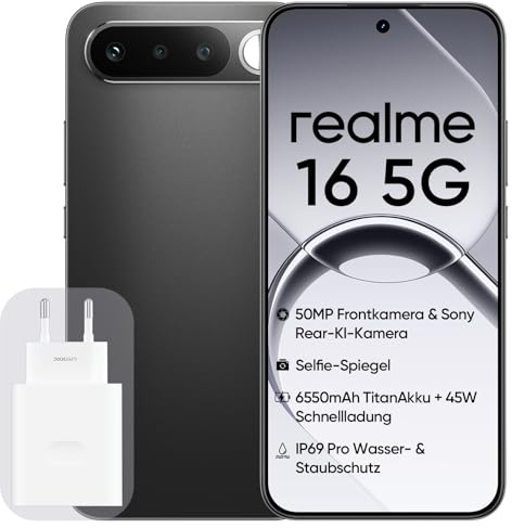 realme 16 5G Smartphone, 8GB+256GB, 6,57 120Hz AMOLED-Display, 6500mAh Akku, 50MP Sony IMX852 Kamera, IP69K Schutz, 45W Schnellladung, Dual-SIM, Next KI, Schwarz (Mit Netzteil)