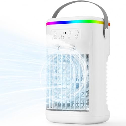 Mini condizionatore portatile silenzioso, refrigeratore d'aria con telecomando, 3 velocità e 2 modalità di nebulizzazione, timer 1-4 ore, 7 luci LED, ventilatore ad aria fredda per camera da letto e