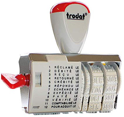 Timbro Trodat classico 1117, datario e multiformula con 12 testi, dimensioni impronta 54 x 4 mm, bianco