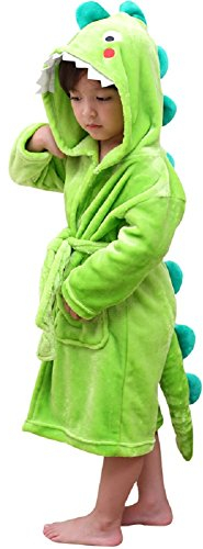 LOLANTA Kinder Fleece Bademantel Dinosaurier Plüsch Kapuzenbademantel, Grüner Dinosaurier, L (6-8 Jahre)