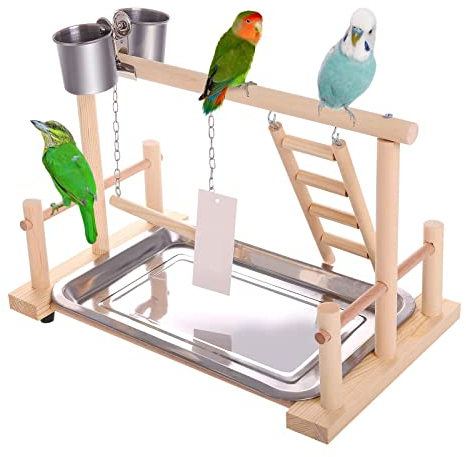 JasCherry Vogel Spielplatz Papagei Spielplatz Holz Gym Vogelständer Barsch Turnhalle Leiter Laufgitter Spielzeug Übungsspiel für Wellensittiche Nymphensittich mit Feeder Cups Tablett Schaukel #B
