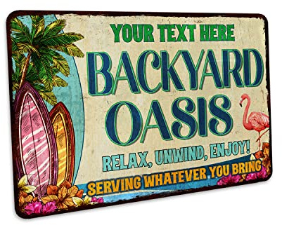 Chico Creek Signs Personalized Backyard Oasis Sign Patio Decor Outdoor Pool Tropical Coastal Decor Tiki Bar Hot Tub Bar Home BBQ Custom Sign Gift 12''x18''- Premium
