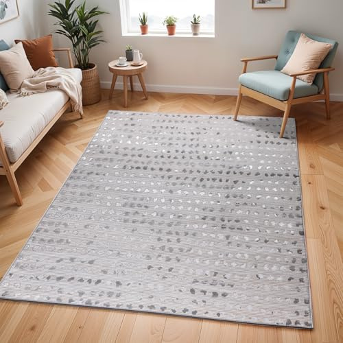 Surya Nador Wohnzimmer Teppich modern – Abstrakt Design in Marmor Optik für Wohnzimmer 200x275 cm, Esszimmer, Schlafzimmer - Marmor Teppich groß, weicher Teppich Kurzflor in Beige, Elfenbein, Silber