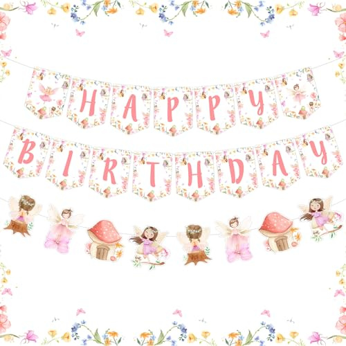 Bannière d'anniversaire féérique pour Filles, Guirlande de fées « Happy Birthday », bannières à Suspendre sur Le thème Floral Rose, Fournitures de fête d'anniversaire pour Filles de 1, 2, 3, 4, 5, 6