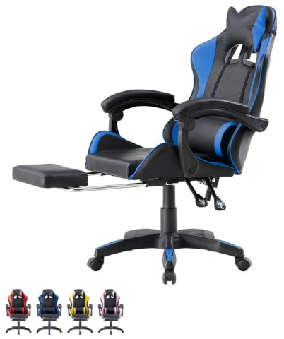 VIRSUS Sedia Gaming Ergonomica Reclinabile in similpelle 738, Altezza Inclinazione Regolabile, poggiapiedi, poggiatesta, cuscino lombare, rotelle, Poltrona Ufficio, Studio (Nera e Blu)