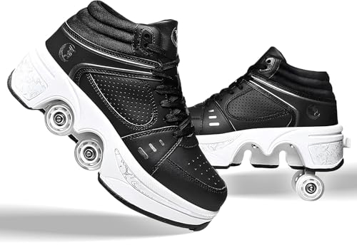 Rollschuhe für Kinder, verstellbare Rollerskates für Mädchen, Quad-Skates-Deformationstrainer für Erwachsene und Anfänger, Turnschuhe mit unsichtbarem Rad für Jungen (schwarzes High-Top, EU 39)