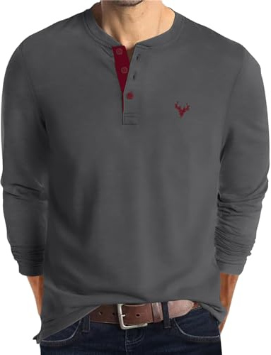 KUYIGO Camiseta de Manga Larga Henley Bordada para Hombre, de algodón, Informal, Deportiva, de Punto, Gris Oscuro, XL
