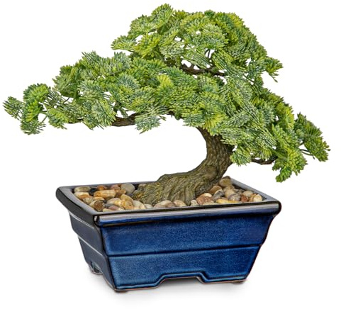 Oairse Artificial Bonsai Tree Juniper Faux Plants Indoor Small Fake Plants Decor with Blue Ceramic Pots for Home Table Office Desk Bathroom Shelf Bedroom Living Room Farmhouse Decorations