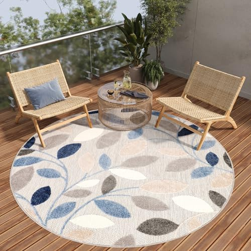 TAPISO Patio Tappeto Rotondo Esterno Interno Pelo Corto Design Moderno Motivo Foglie Effetto 3D tonalità Beige Blu Salotto Sala Camera Terrazza Balcone Outdoor Indoor Oeko-Tex 160 x 160 cm