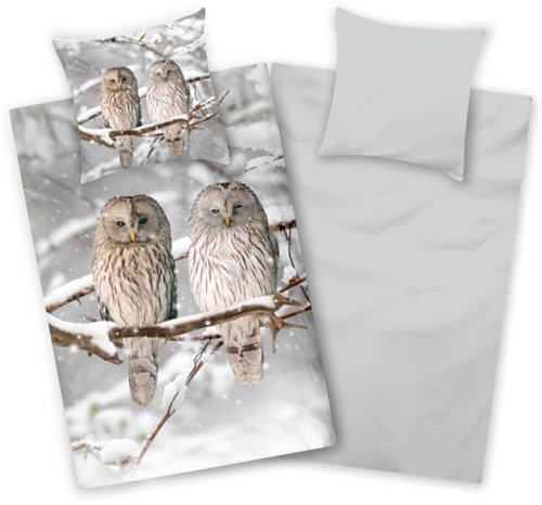 Aminata kids Juego de ropa de cama de franela de algodón, 135 x 200 cm, diseño de animales, cremallera cálida y acogedora, juego de ropa de cama de invierno reversible con paisaje invernal gris