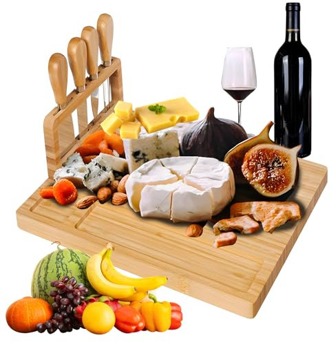 Dwafill Tagliere per Formaggio in Bambù 35.5 * 28CM Con Set di Coltelli - Ideale per Vegetariani, Amanti del Cibo e Appassionati di Cucina